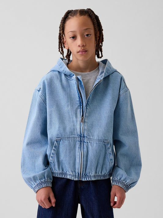 Açık Mavi Çocuklar Denim Relaxed Kapüşonlu Ceket