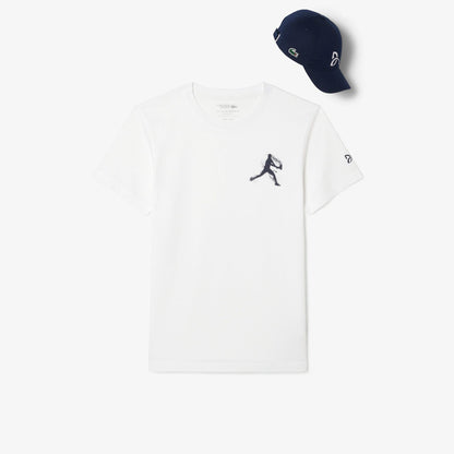 Lacoste Tennis X Novak Djokovic Erkek Bisiklet Yaka Baskılı Beyaz T-shirt & Şapka Seti