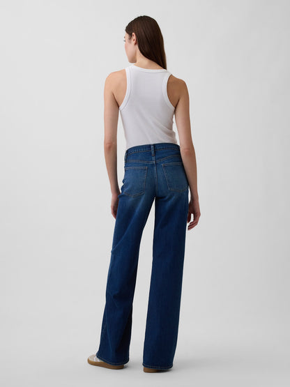 Koyu Mavi Mid Rise Wide-leg Jean Pantolon