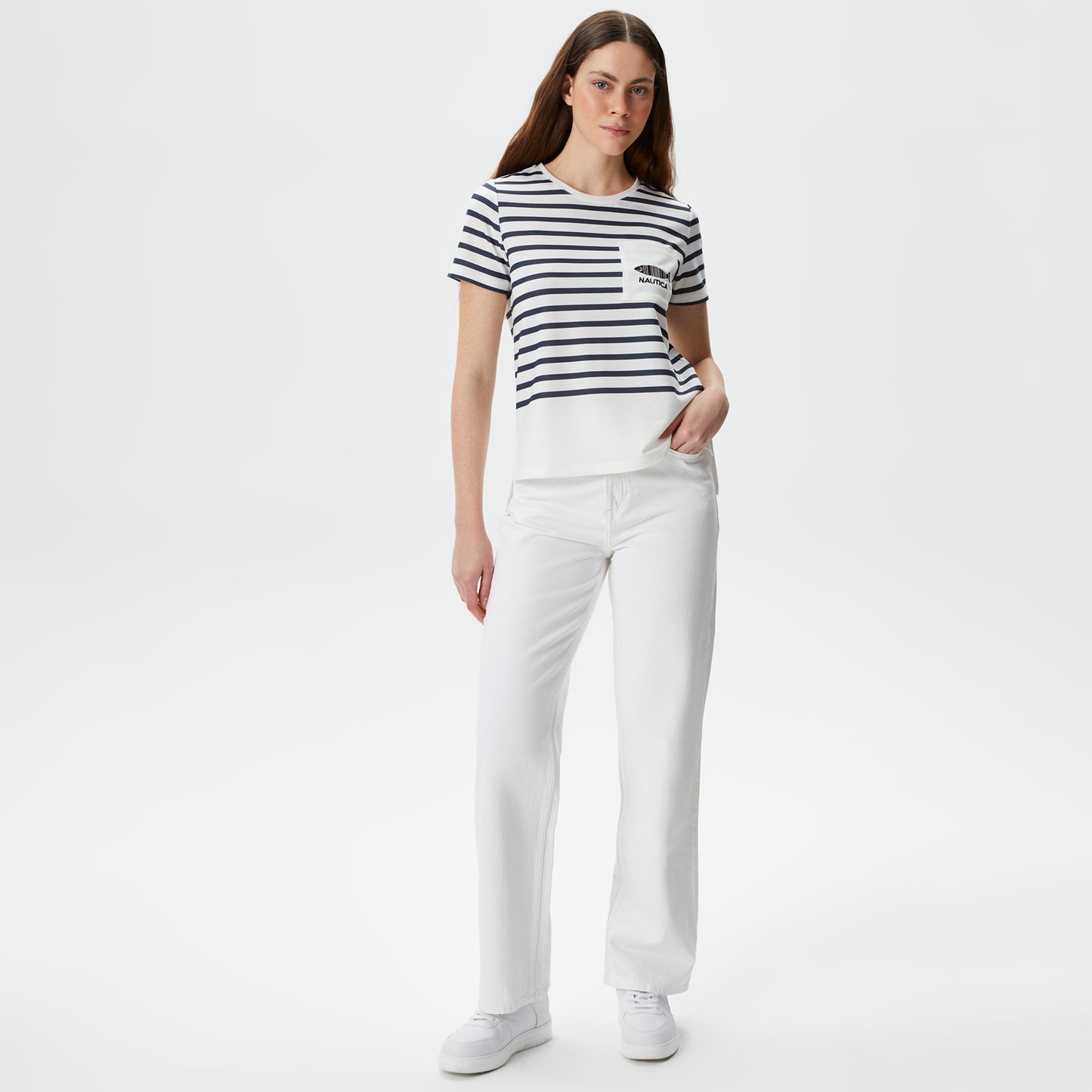 Nautica Kadın Beyaz Regular Fit Çizgili T-shirt
