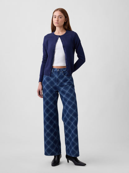 Koyu Mavi High Rise Baskılı Wide-leg Jean Pantolon