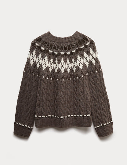 Fair Isle Desenli Örgü Yuvarlak Yaka Triko Kazak