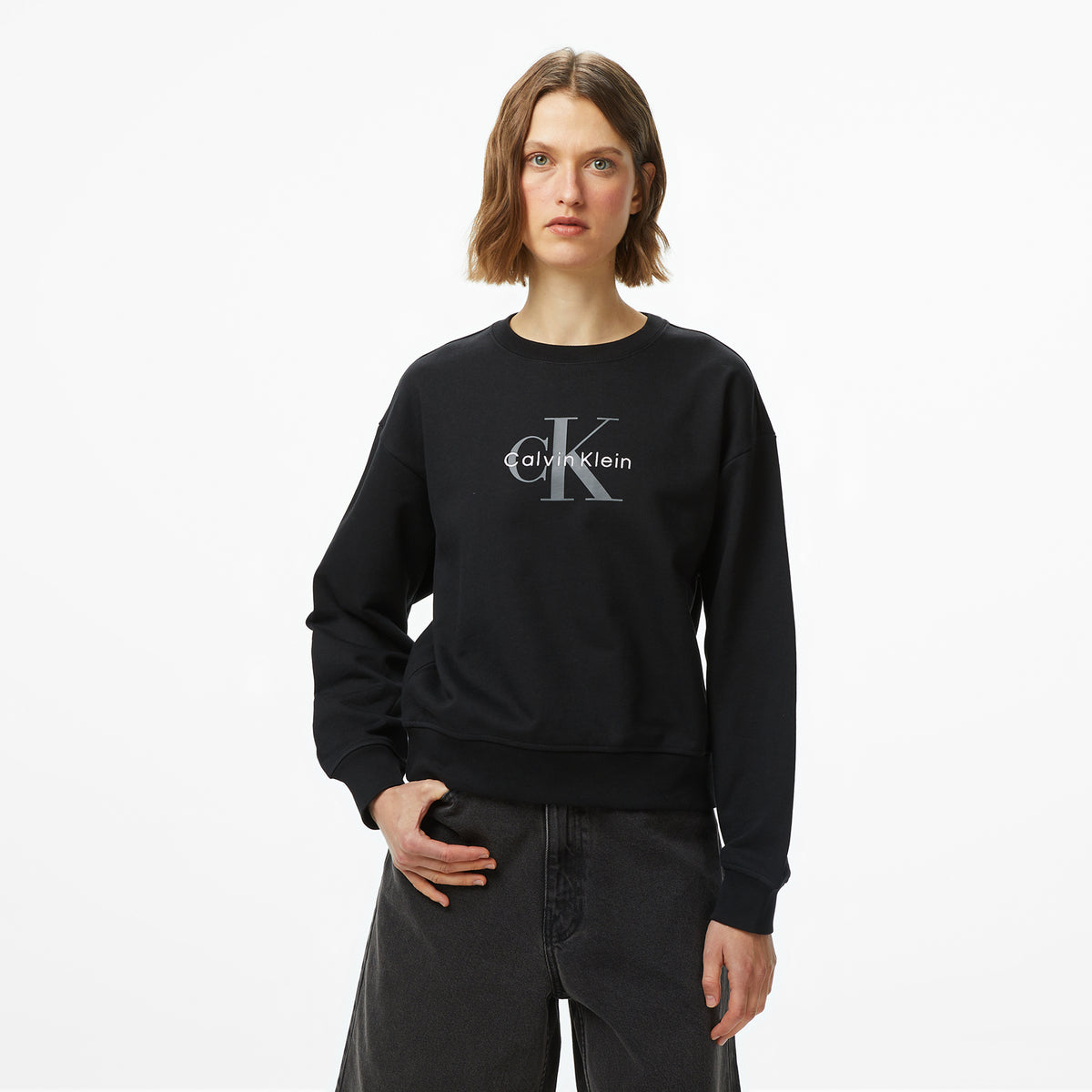 Calvin Klein Monologo French Terry Kadın Siyah Sweatshirt