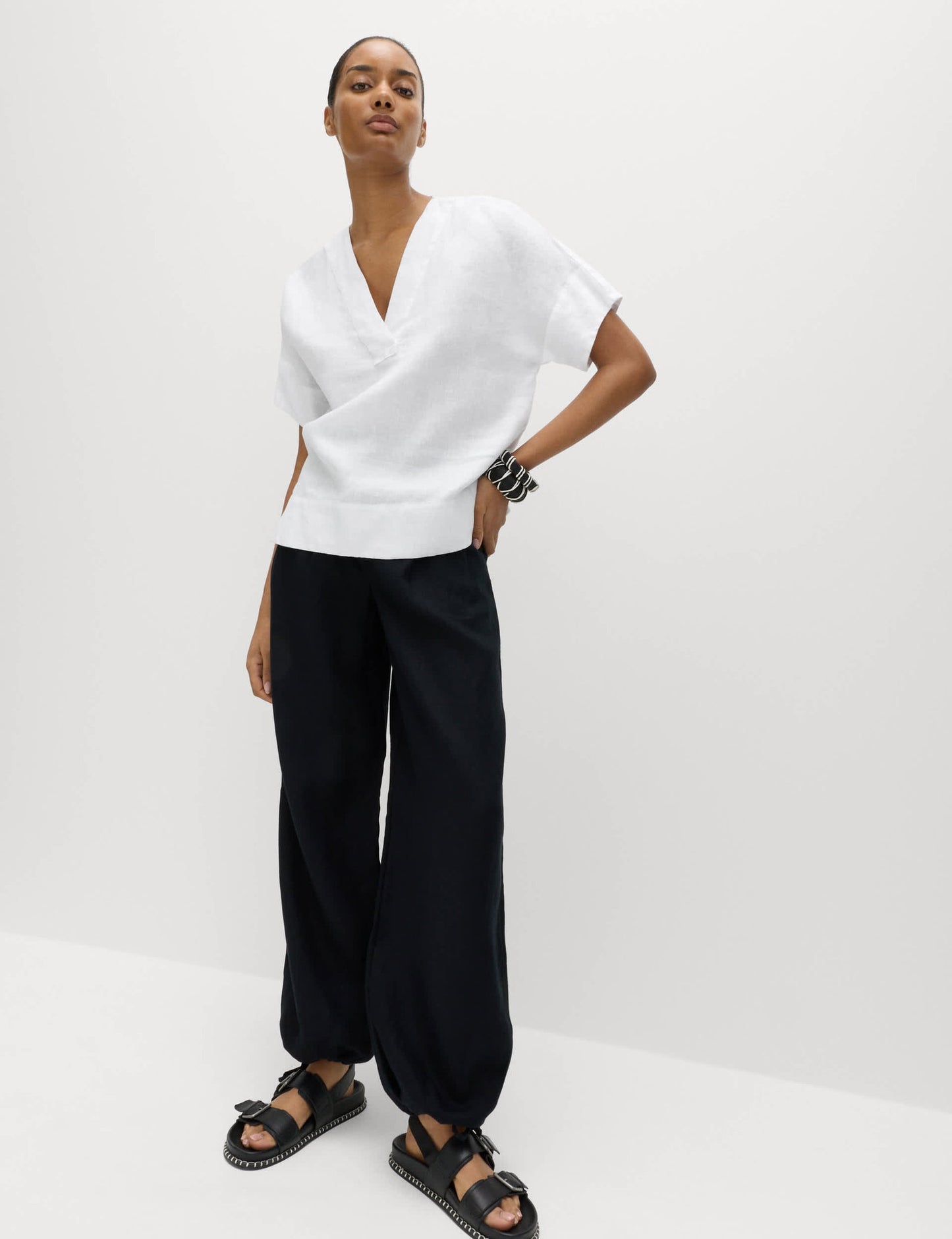%100 Keten V Yaka Popover Bluz