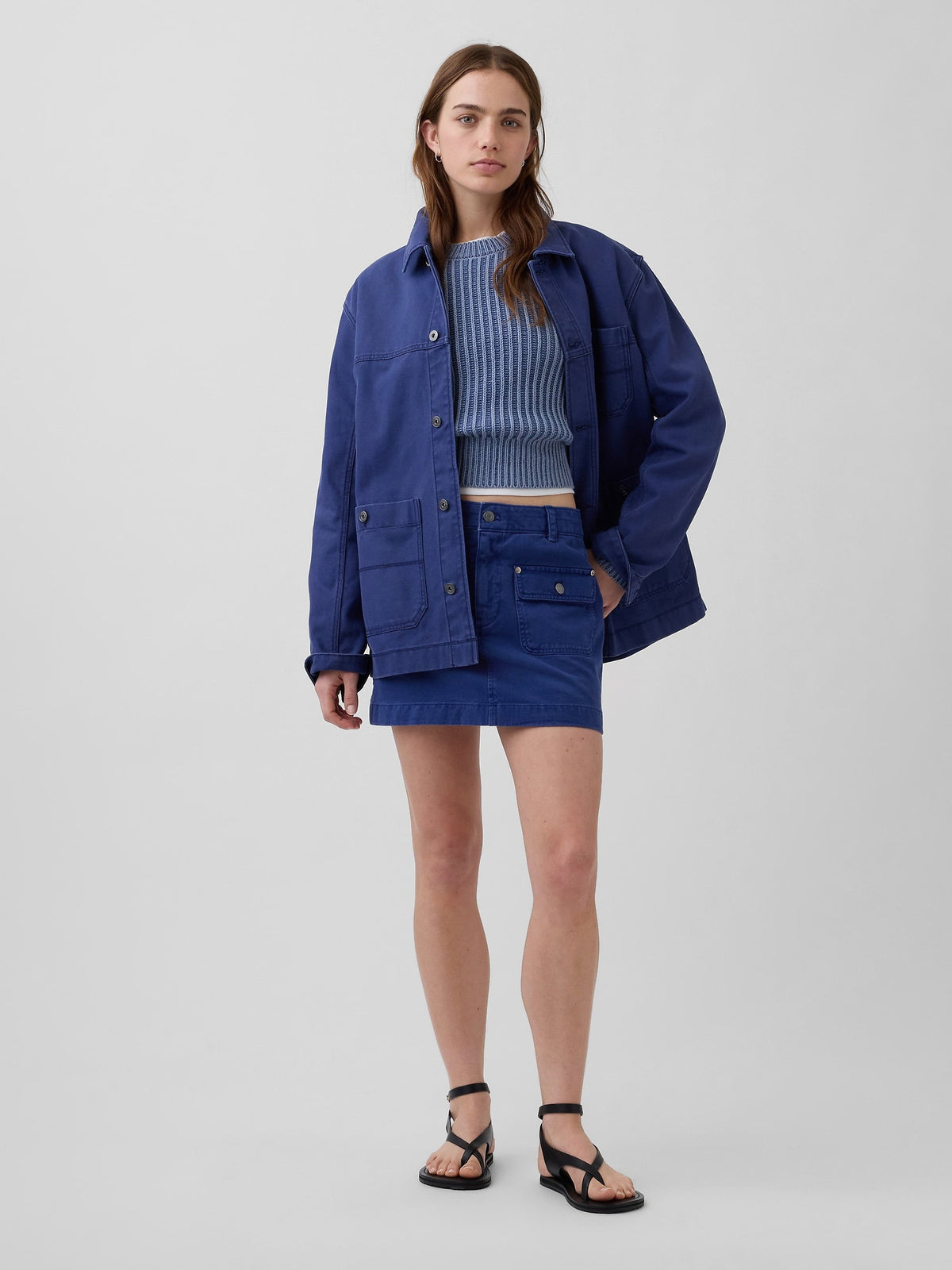 Mavi 100% Pamuk Barrel Kol Crop Kazak