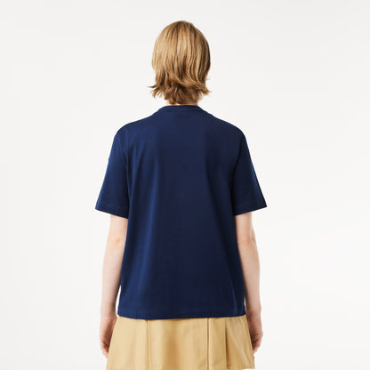 Lacoste Kadın Relaxed Fit V Yaka Lacivert T-shirt