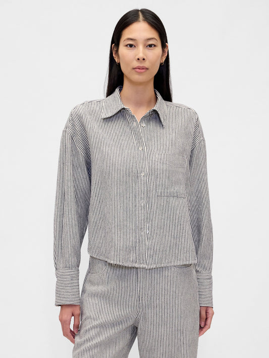 Beyaz Keten Karışımı Oversized Gömlek