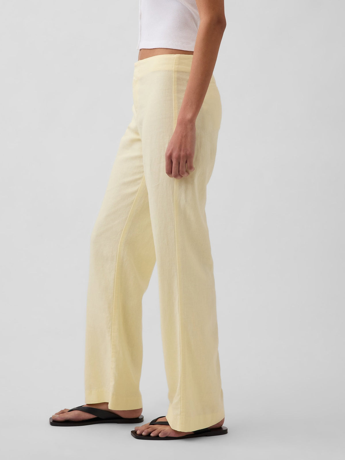 Sarı Low Rise Keten Karışımlı Flare Pantolon
