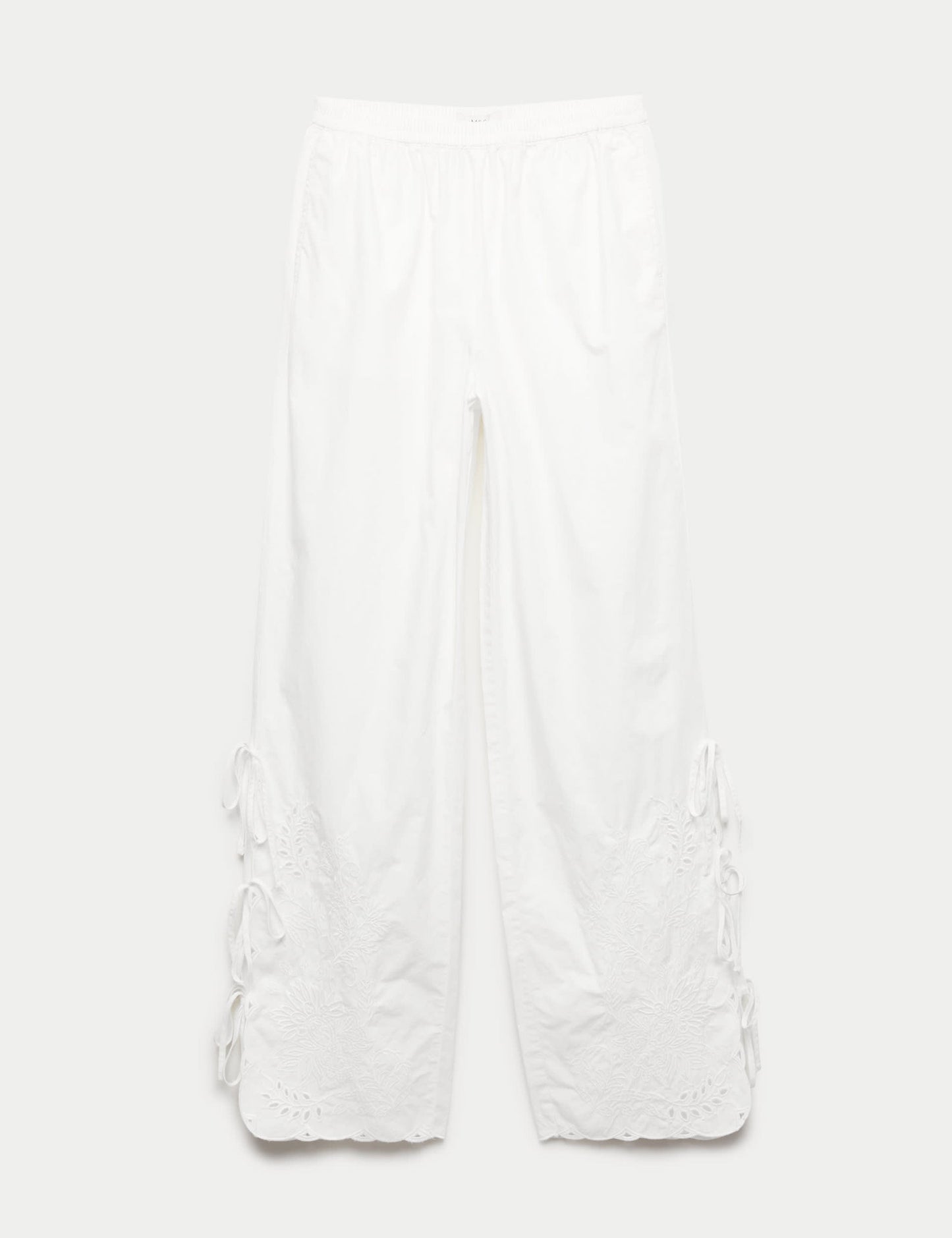 Saf Pamuklu Nakışlı Bağlama Detaylı Wide Leg Pantolon