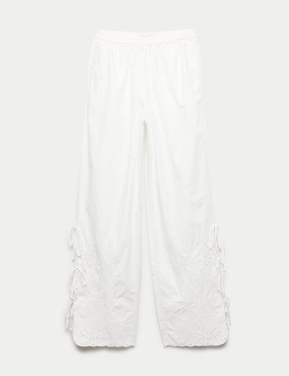 Saf Pamuklu Nakışlı Bağlama Detaylı Wide Leg Pantolon