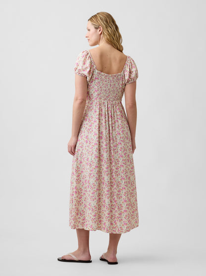 Pembe Print Puff Sleeve Midi Elbise