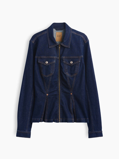 Koyu Mavi Denim Fermuarlı Peplum Ceket