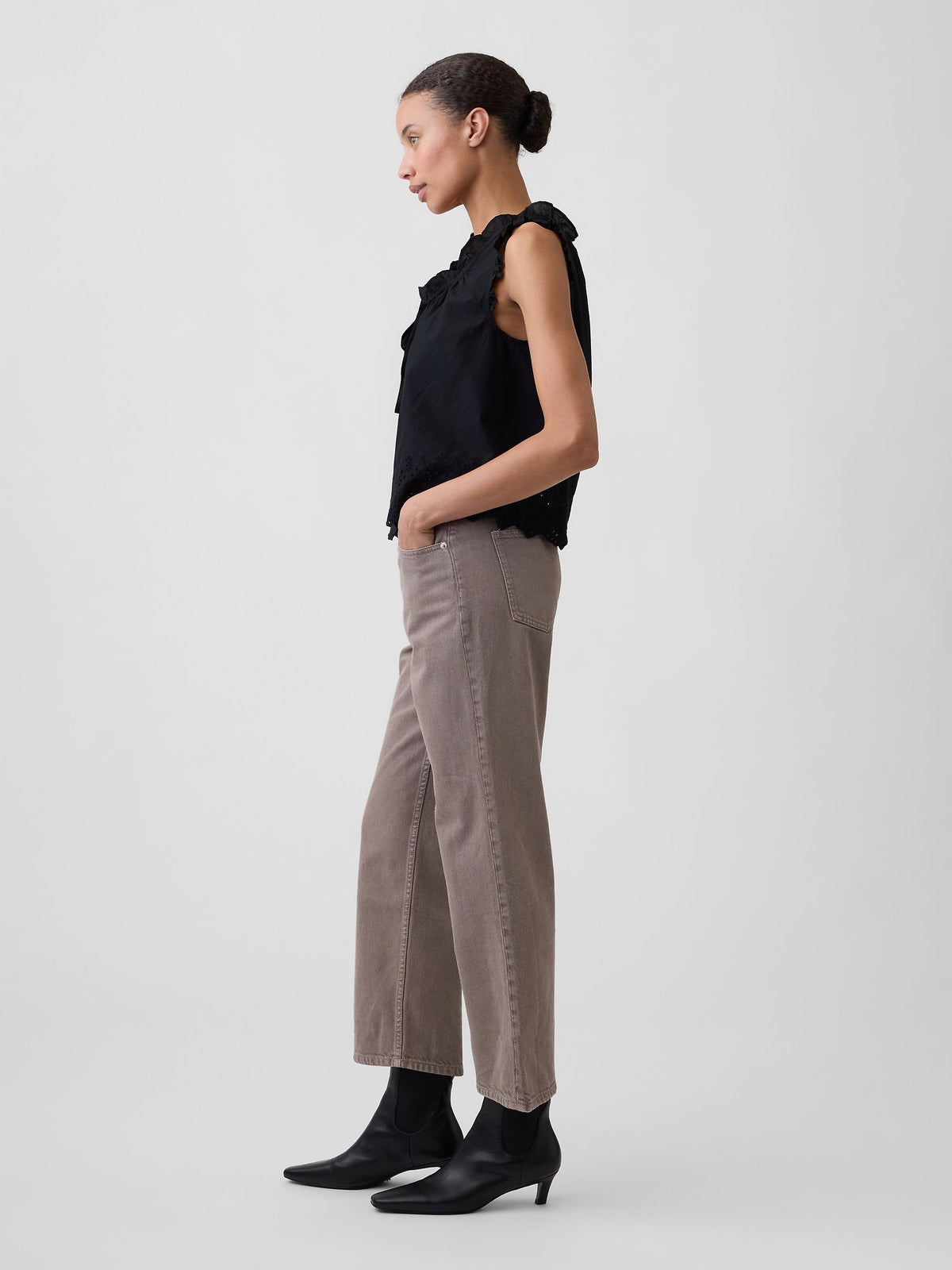 Açık Kahverengi Low Slung Relaxed Straight Crop Jean Pantolon