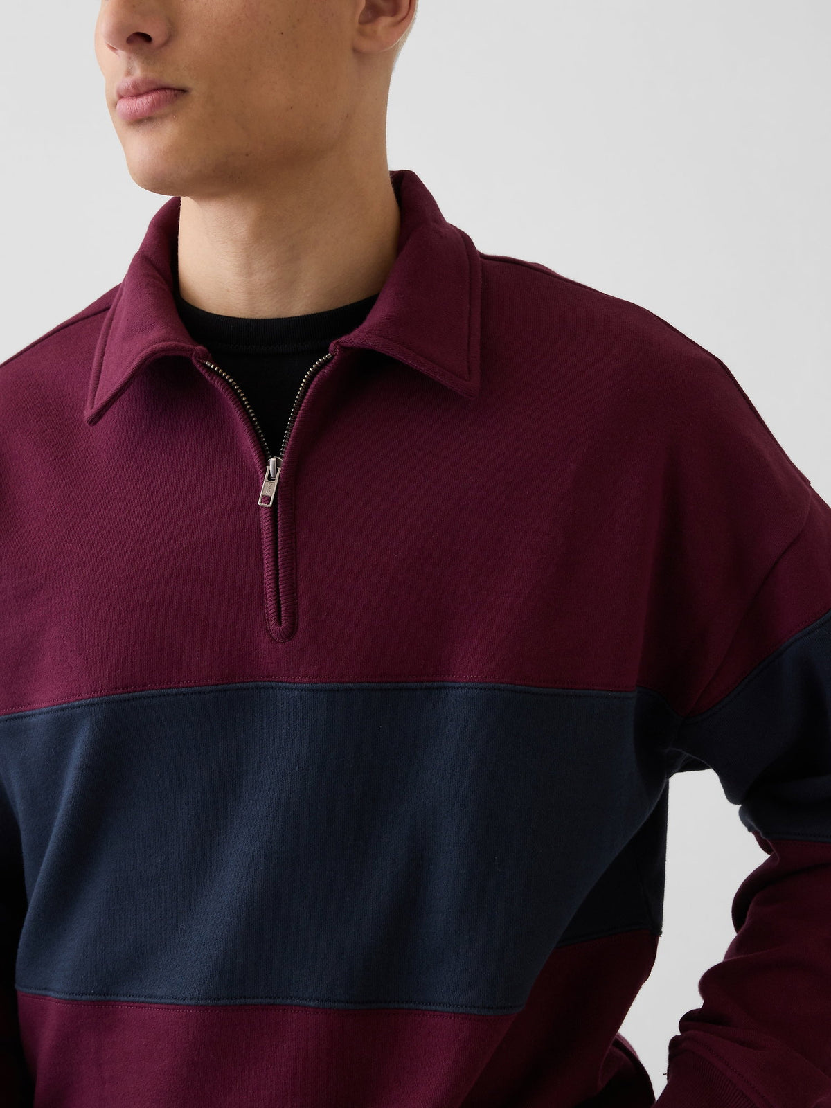 Bordo Heavyweight Oversized Çizgili Yarım Fermuarlı Sweatshirt