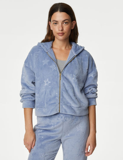 Yıldız Desenli Kapüşonlu Polar Pijama Üstü