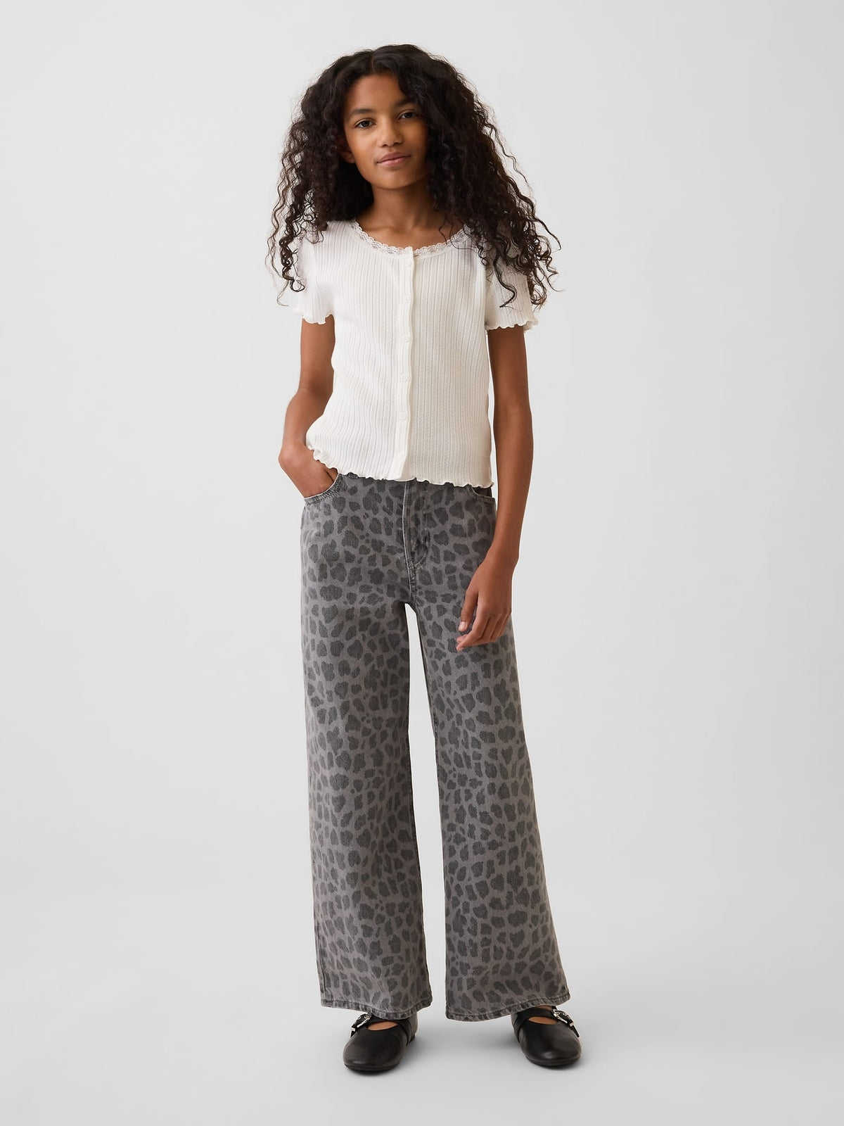 Gri Low Rise Stride Leopar Wide-leg Jean Pantolon