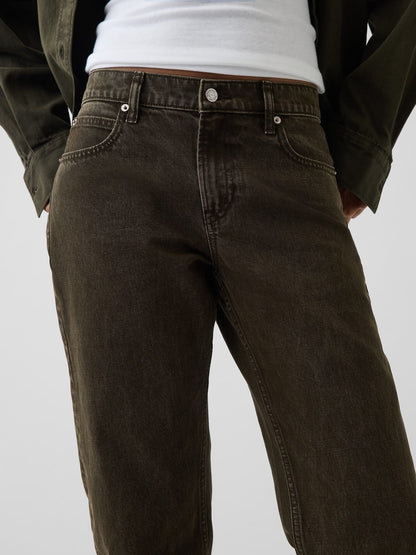 Koyu Yeşil Mid Rise Straight Taper Jean Pantolon