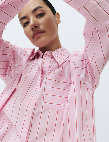 %100 Pamuk Poplin Çizgili Pijama Üstü