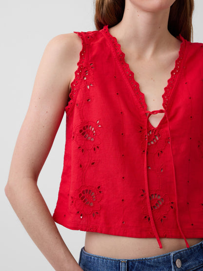 Kırmızı Keten Karışımlı Işlemeli Crop Shell Askılı Bluz