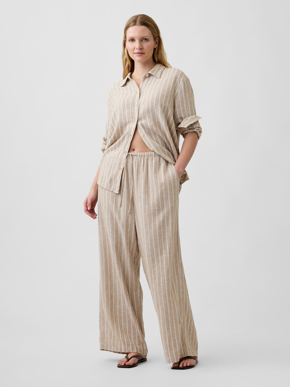 Bej Relaxed Keten Karışımlı Wide-leg Pantolon