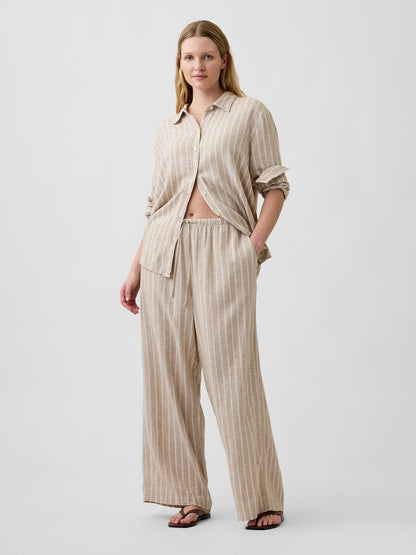 Bej Relaxed Keten Karışımlı Wide-leg Pantolon