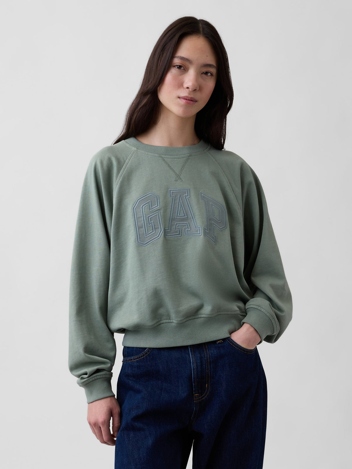 Koyu Yeşil Fransız Havlu Kumaş Raglan Logo Sweatshirt