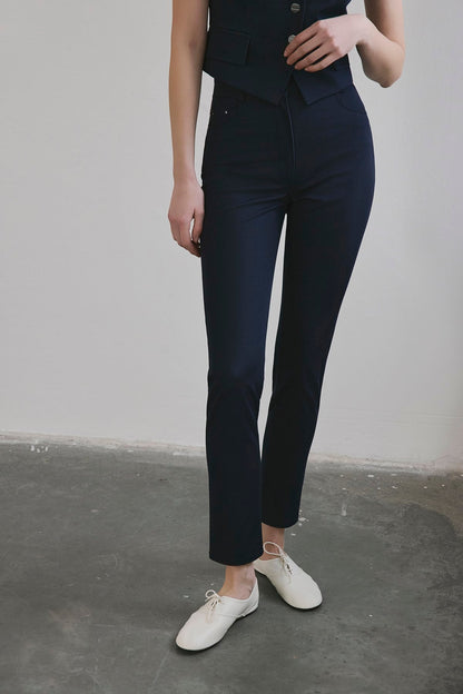 Dar Paça Denim Dokulu Lacivert Pantolon