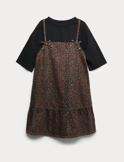 Leopar Desenli Denim Elbise Takım
