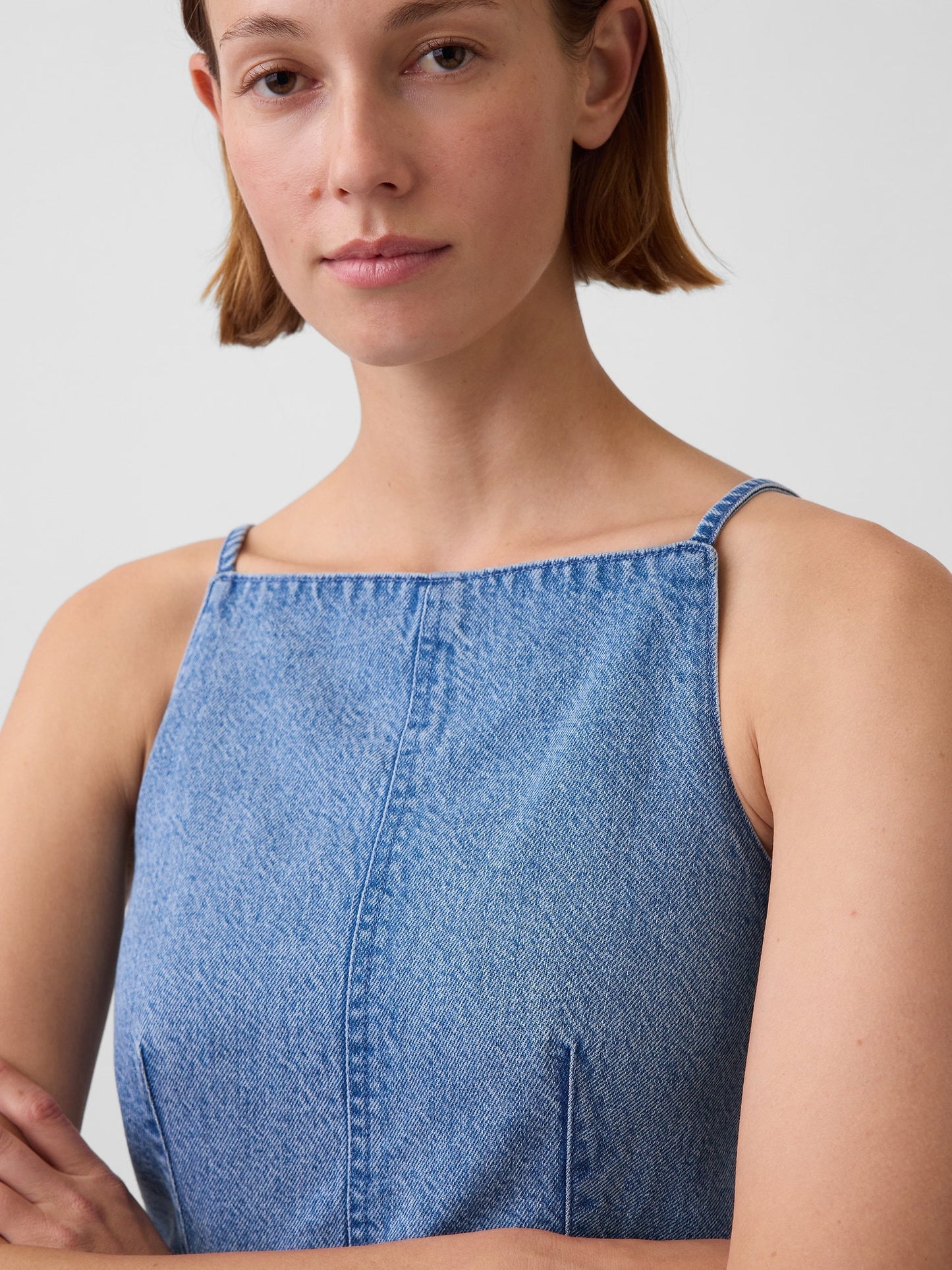 Koyu Mavi Ultrasoft Denim Dikişli Kare Yaka Üst