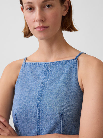 Koyu Mavi Ultrasoft Denim Dikişli Kare Yaka Üst