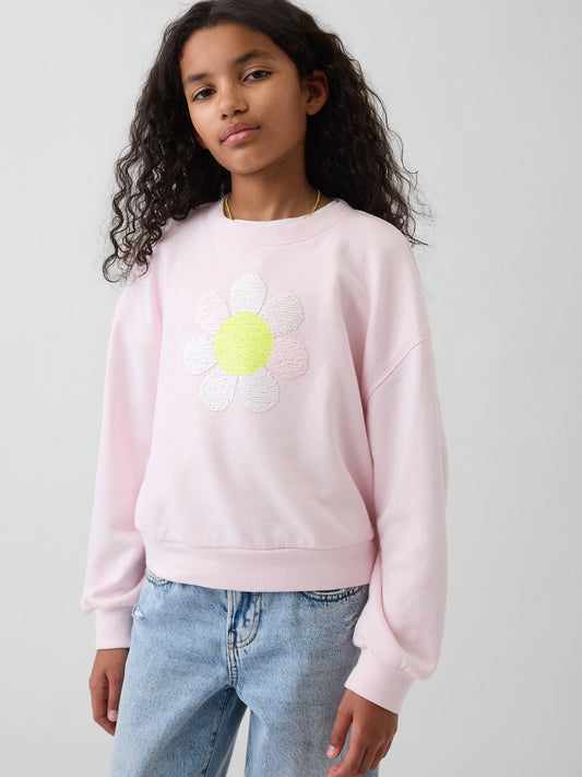 Açık Pembe Oversized Wedge Flippy-sequin Grafik Baskılı Sweatshirt