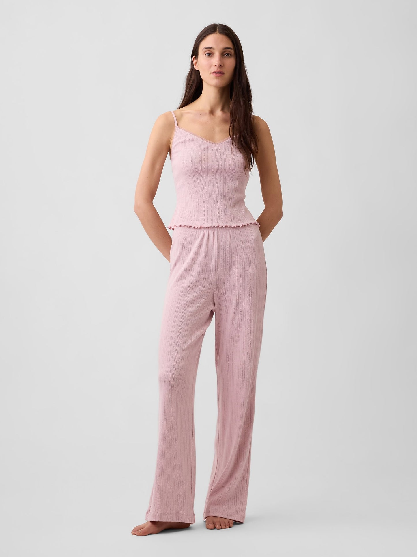 Açık Pembe Pointelle Lettuce-hem Crop Cami Pijama Üstü