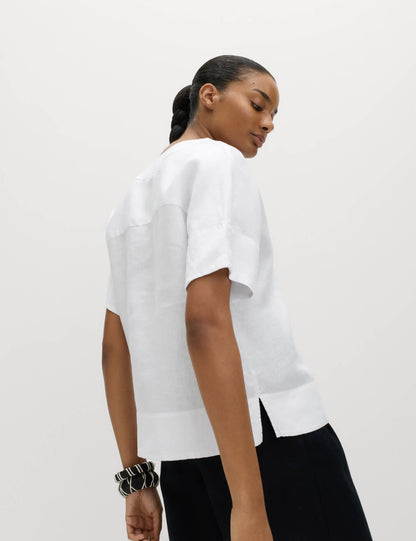 %100 Keten V Yaka Popover Bluz