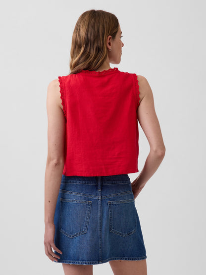 Kırmızı Keten Karışımlı Işlemeli Crop Shell Askılı Bluz
