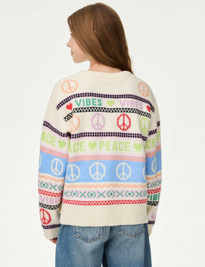 Fair Isle Desenli Yuvarlak Yaka Kazak (6-16 Yaş)