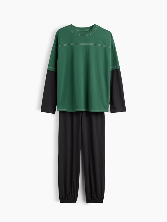 Koyu Yeşil Recycled Colorblock Pijama Takımı