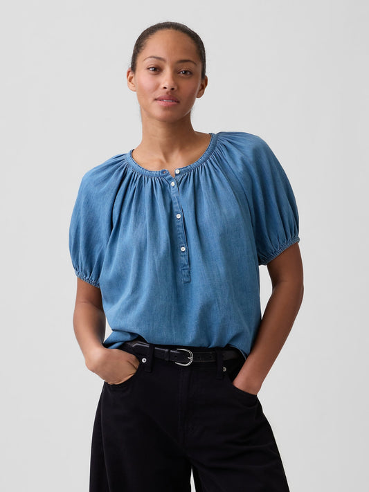 Mavi Oversized Puff Sleeve Üst