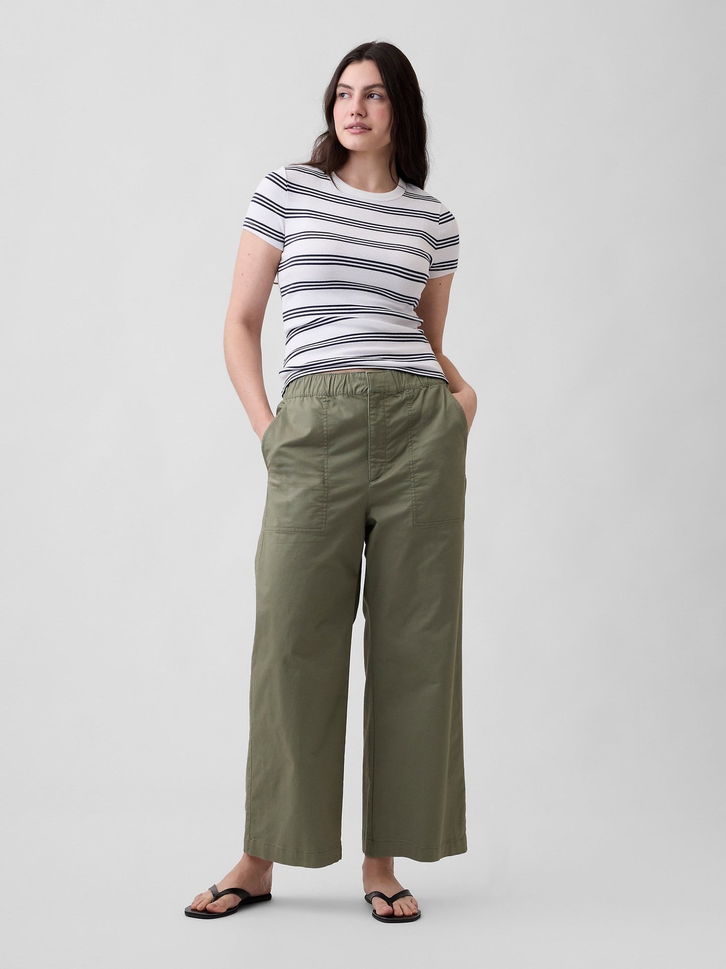 Haki High Rise Baskılı Easy Wide-leg Khaki Pantolon