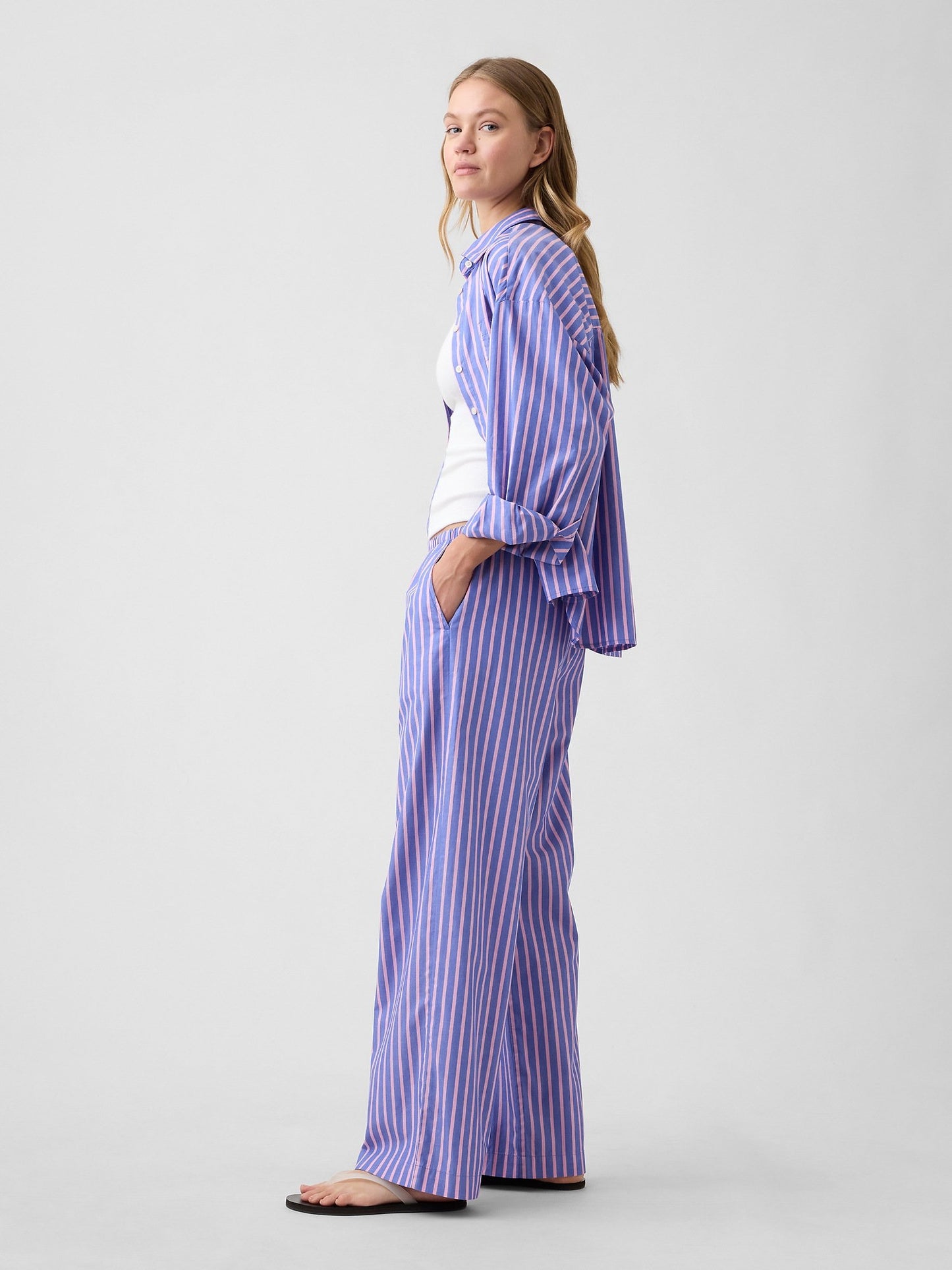 Mavi Mid Rise Pull-on Çizgili Poplin Pantolon