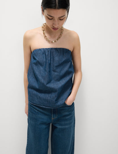 Saf Pamuklu Denim Bandeau Top