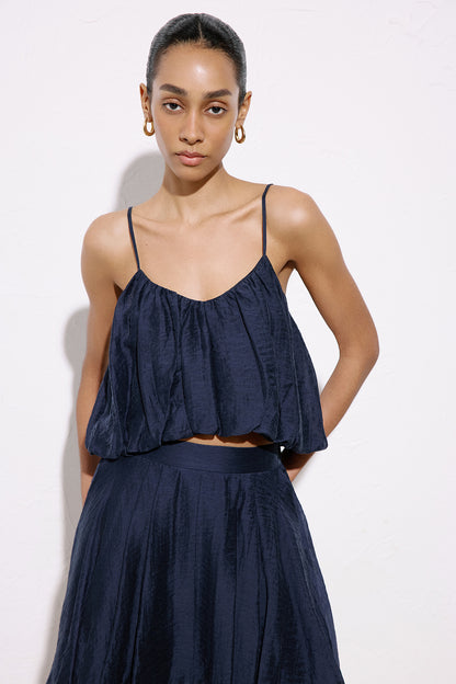 Degaje Yaka Ince Askılı Crop Lacivert Bluz