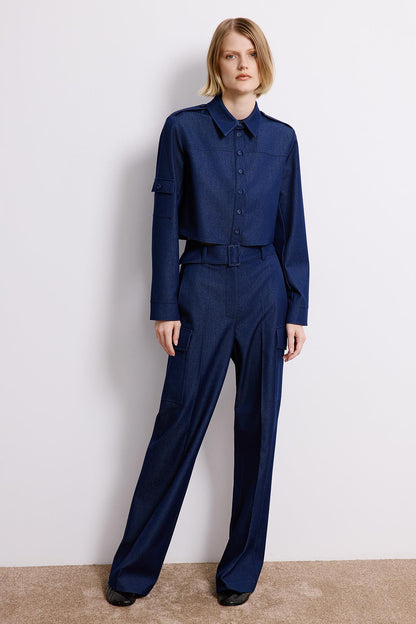Denim Dokulu Lacivert Kargo Pantolon