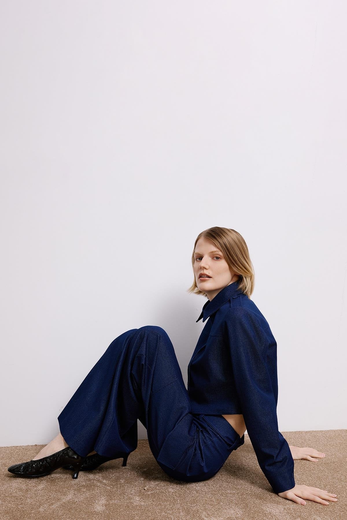 Denim Dokulu Lacivert Kargo Pantolon