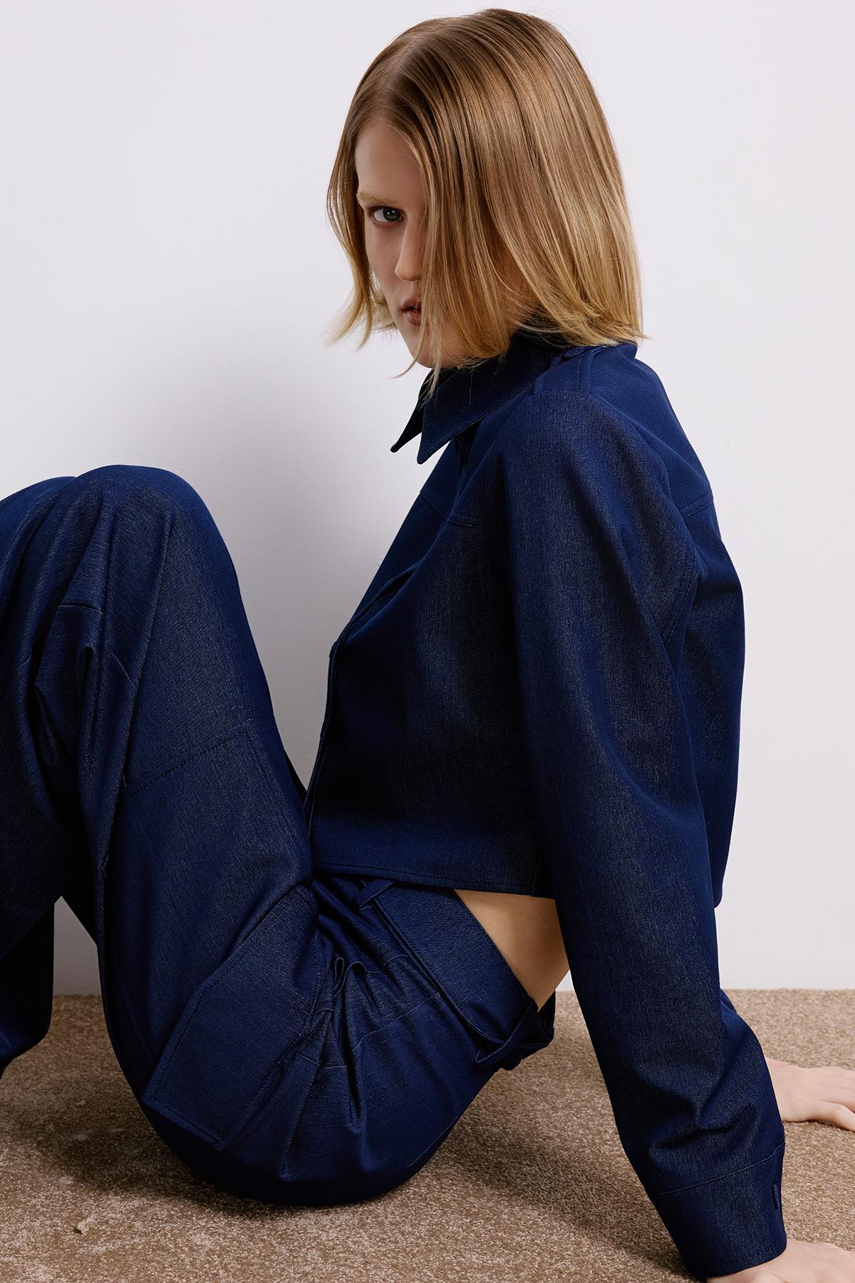 Denim Dokulu Lacivert Kargo Pantolon