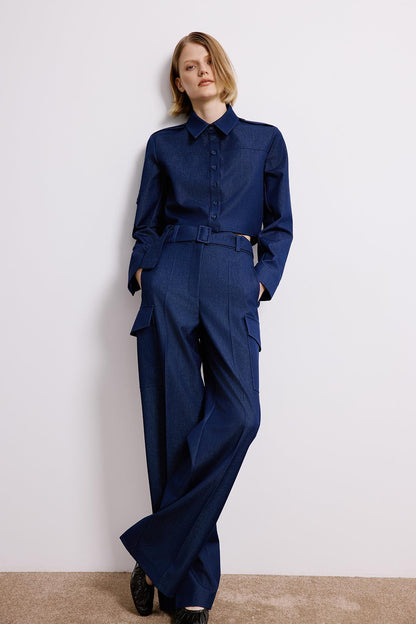 Denim Dokulu Lacivert Kargo Pantolon