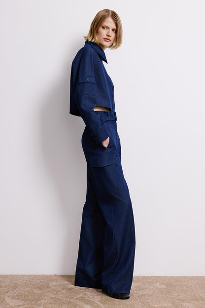 Denim Dokulu Lacivert Kargo Pantolon