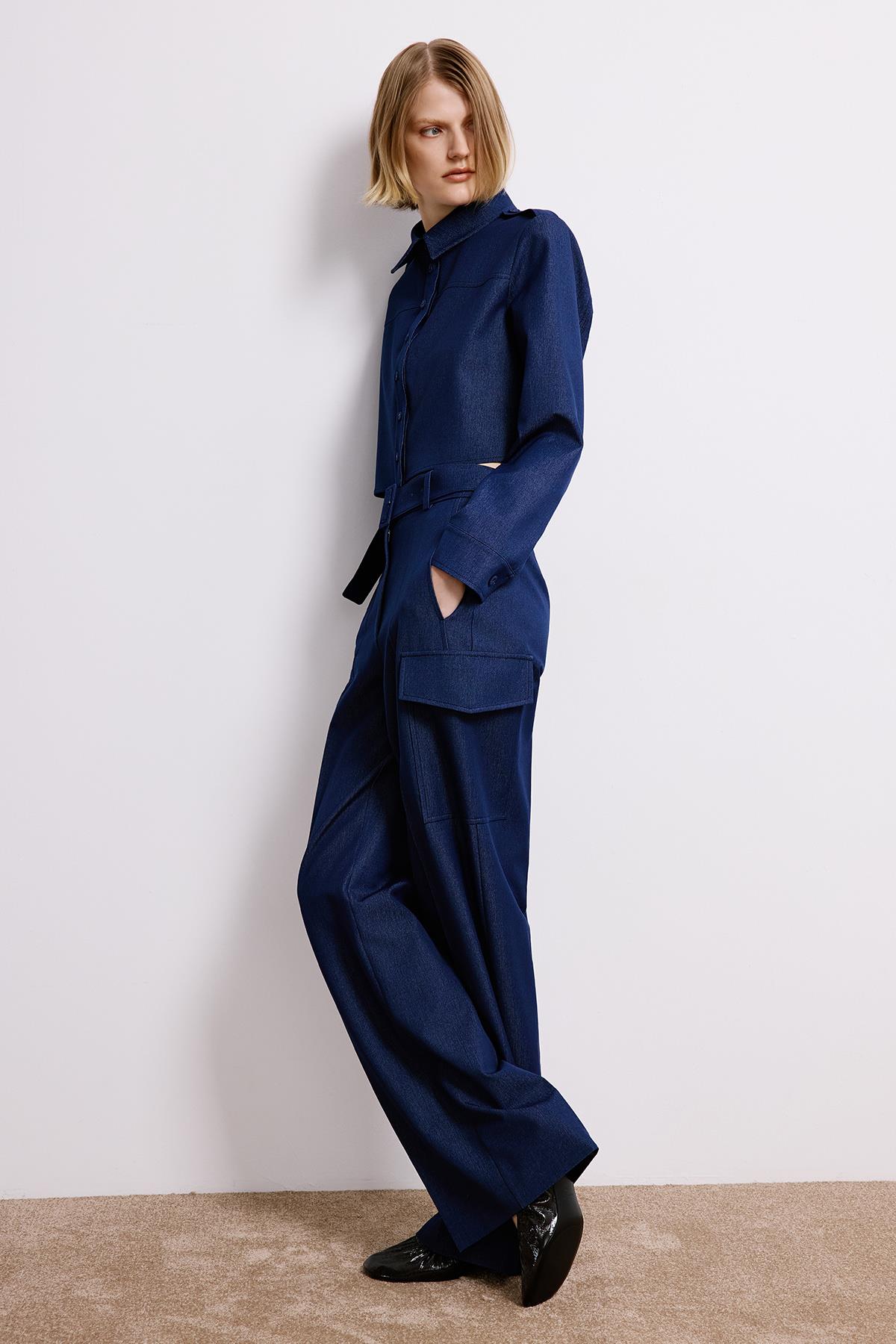 Denim Dokulu Lacivert Kargo Pantolon