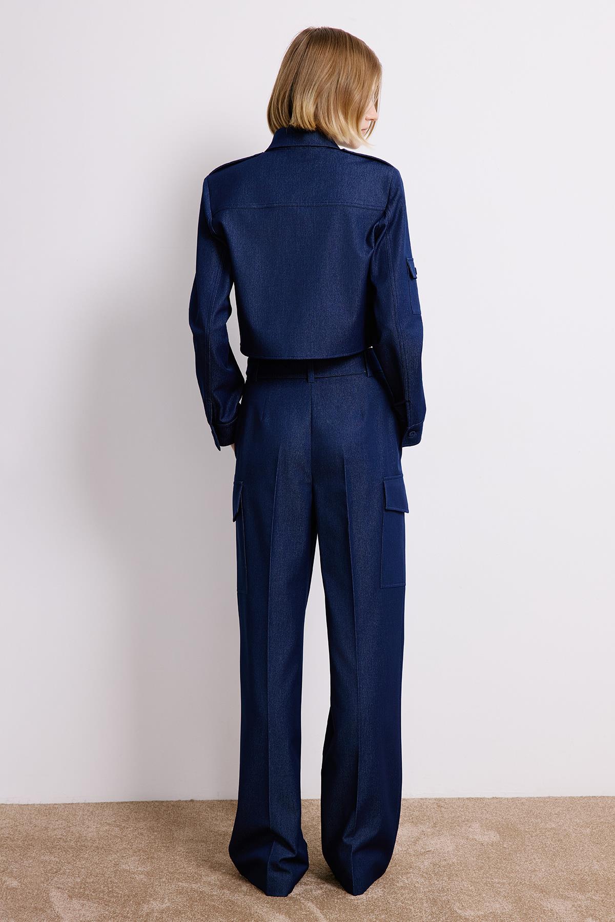 Denim Dokulu Lacivert Kargo Pantolon