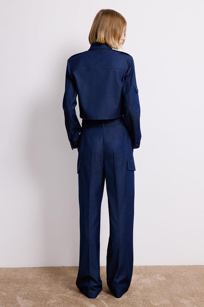 Denim Dokulu Lacivert Kargo Pantolon