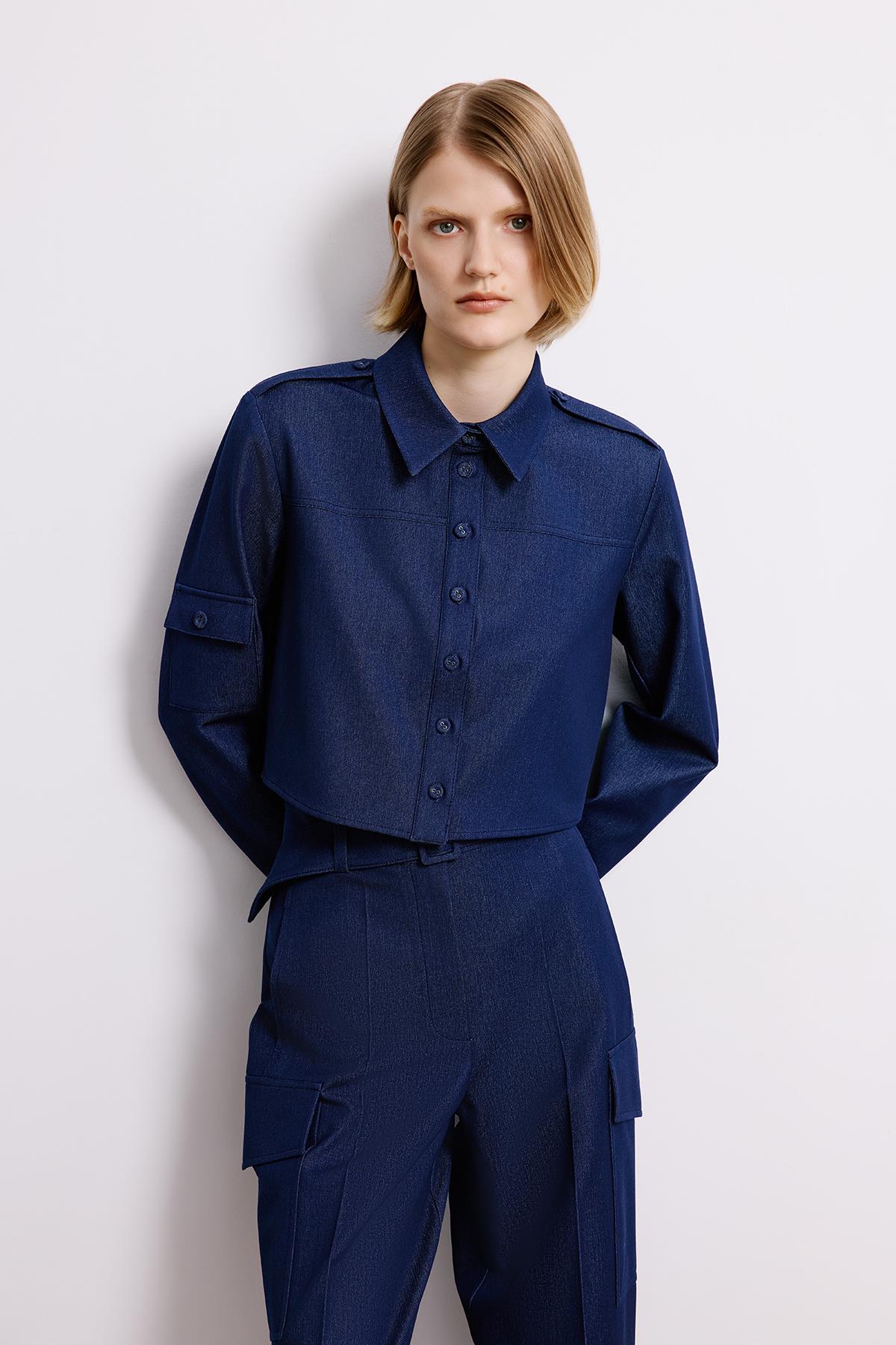 Denim Dokulu Lacivert Uzun Kollu Gömlek